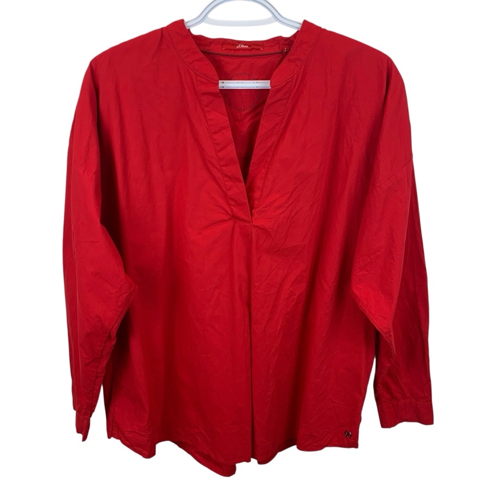 S. Oliver M Cherry Red Crisp Cotton Long Sleeve V-Neck Popover Blouse Tunic Top